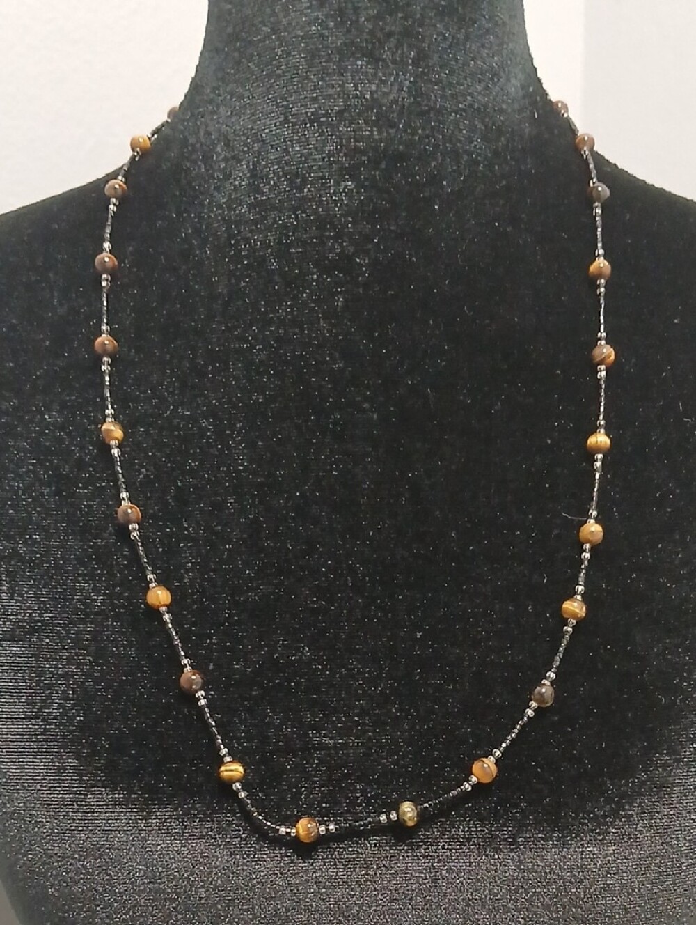 Tigers Eye and Black Bead Women's Necklace 27"
